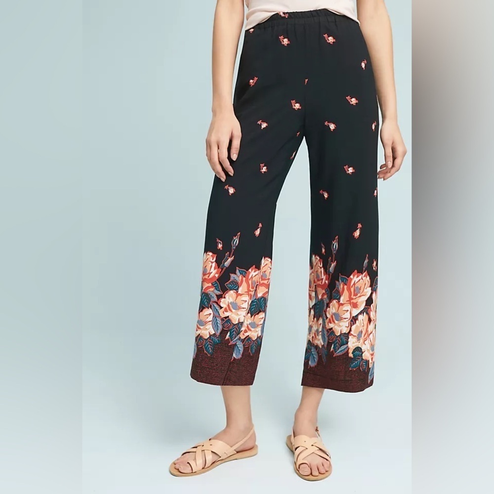 Anthropologie Ett: Twa Floral Black Wide-Leg Cropped Pants Small